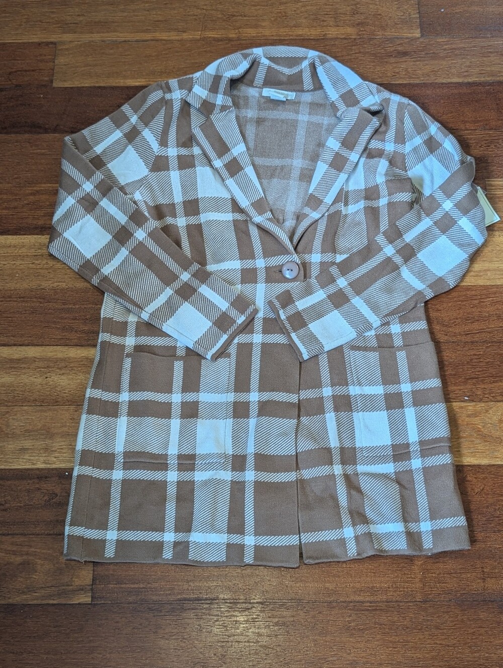 Christian Siriano Plaid Single-Button Knit Blazer Jacket - Tan & Cream